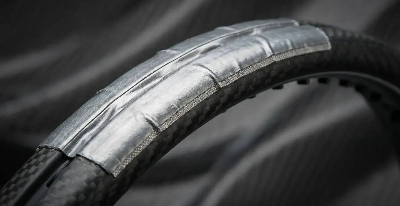 Close-up macro view of lead tape precisely positioned on tennis racket frame