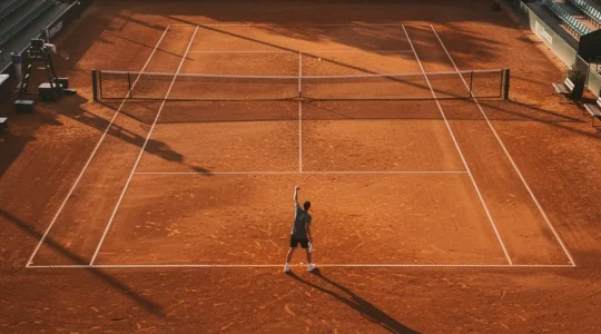 Wide angle view of tennis court with strategic positioning visualization demonstrating minimax principles in opponent pattern recognition