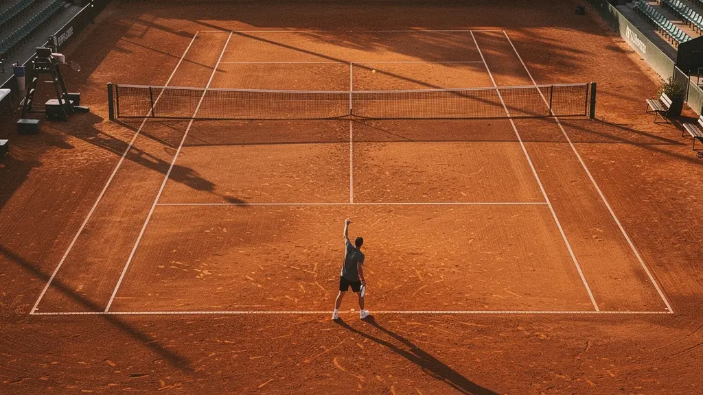 Wide angle view of tennis court with strategic positioning visualization demonstrating minimax principles in opponent pattern recognition