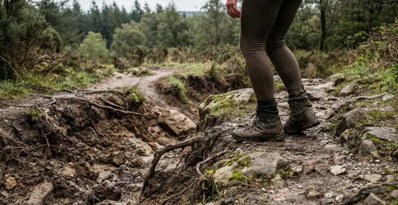Close-up view of eroded trail showing deep ruts and water damage in forest setting