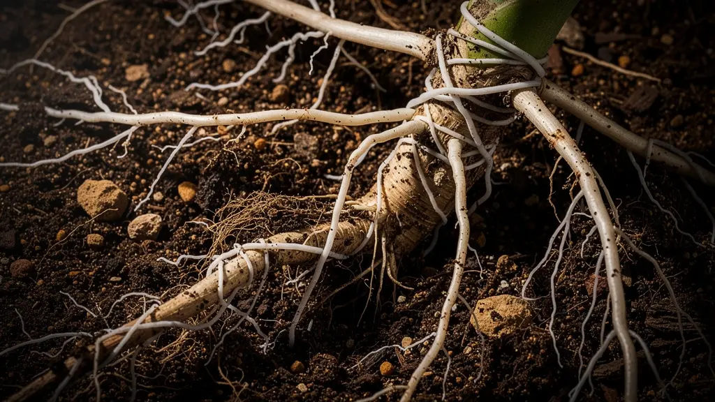 Macro view of mycorrhizal fungi network on plant roots showing mineral absorption