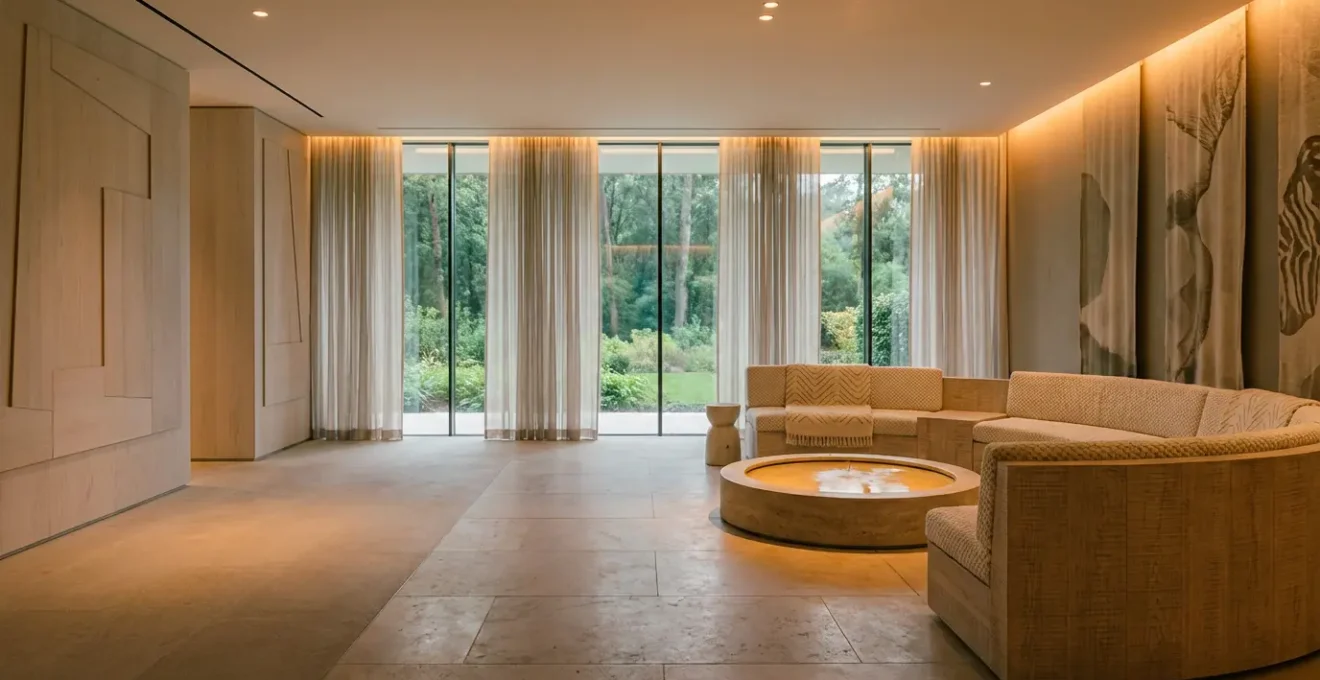 Minimalist recovery space with warm ambient lighting and comfortable seating for athletic recovery