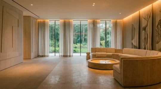 Minimalist recovery space with warm ambient lighting and comfortable seating for athletic recovery