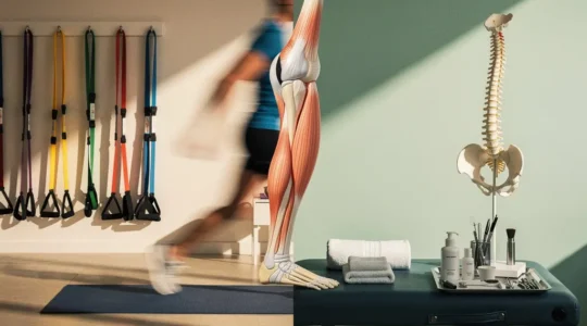Split view of physiotherapy and chiropractic hamstring treatment approaches
