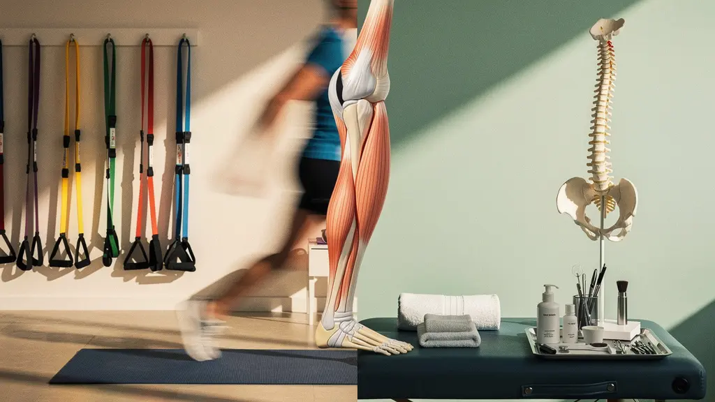 Split view of physiotherapy and chiropractic hamstring treatment approaches