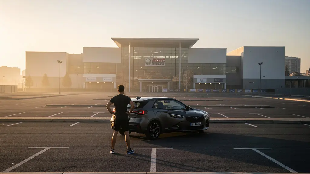 Wide shot of athlete performing mental transition ritual in empty parking lot after competition