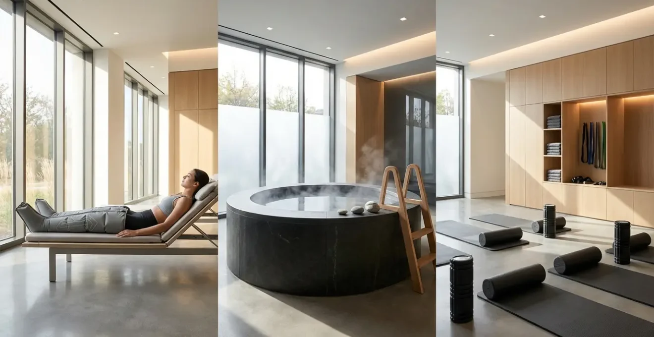 Athlete in professional recovery setup showing multiple recovery techniques in a sports therapy room