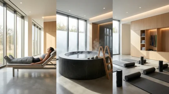 Athlete in professional recovery setup showing multiple recovery techniques in a sports therapy room