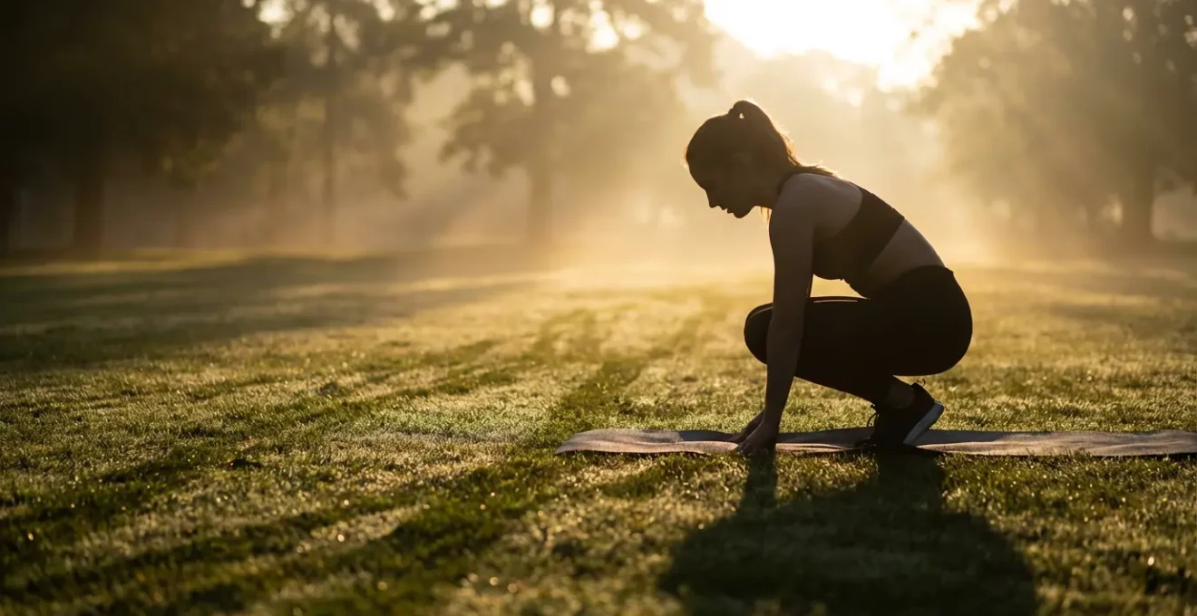 Athlete performing recovery stretches in peaceful outdoor environment