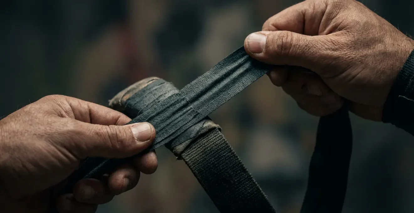 Close-up of athlete's hands preparing equipment with focused concentration