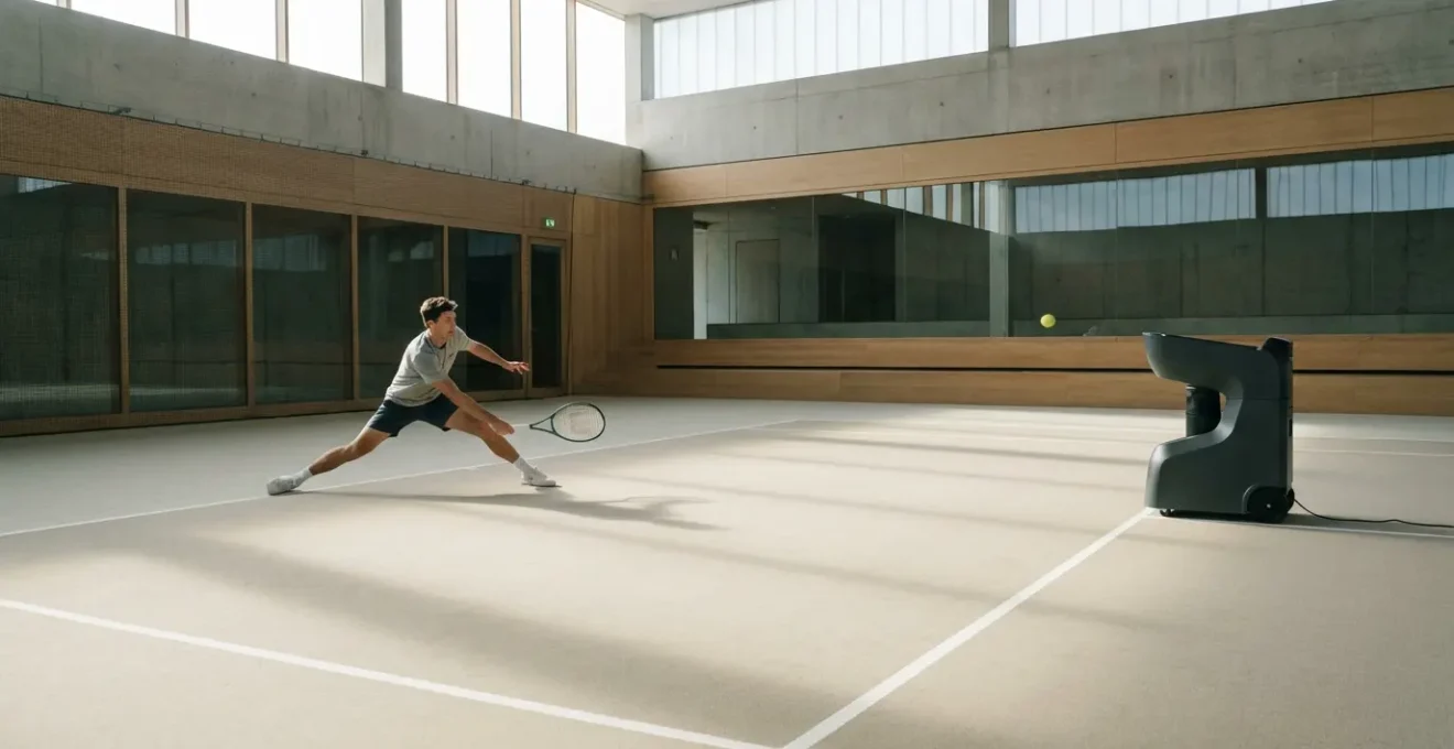 Tennis player training with modern programmable ball machine on professional court
