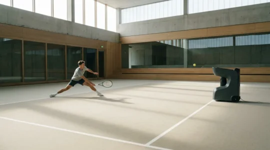 Tennis player training with modern programmable ball machine on professional court