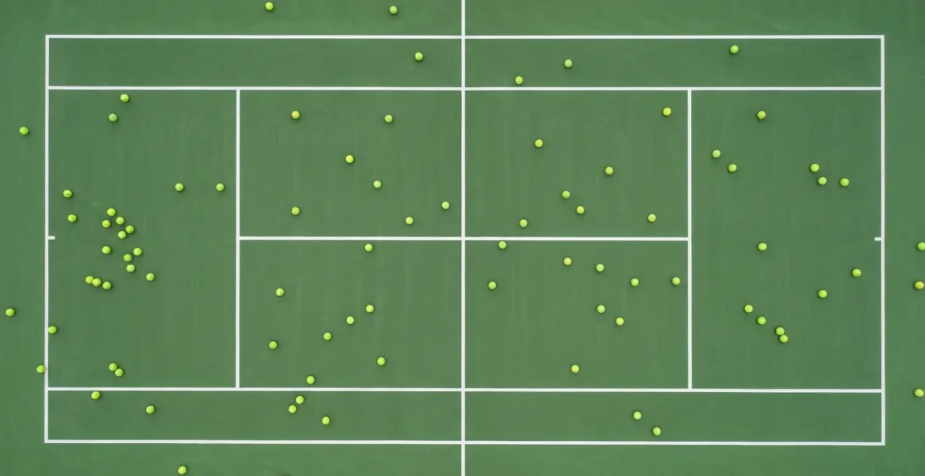 Overhead view of tennis court showing random ball placement patterns