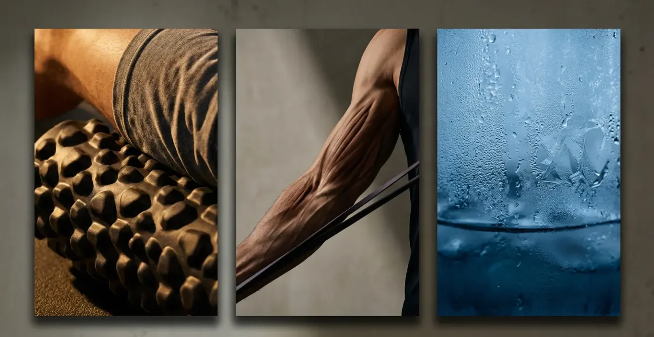 Split-screen showing three recovery phases with an athlete transitioning from foam rolling to stretching to cold therapy.