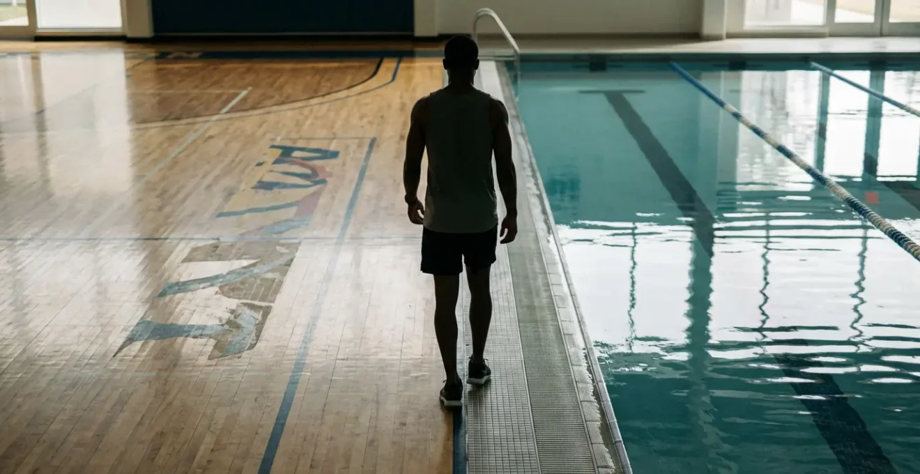 Runner contemplating between a basketball court and a swimming pool as training options