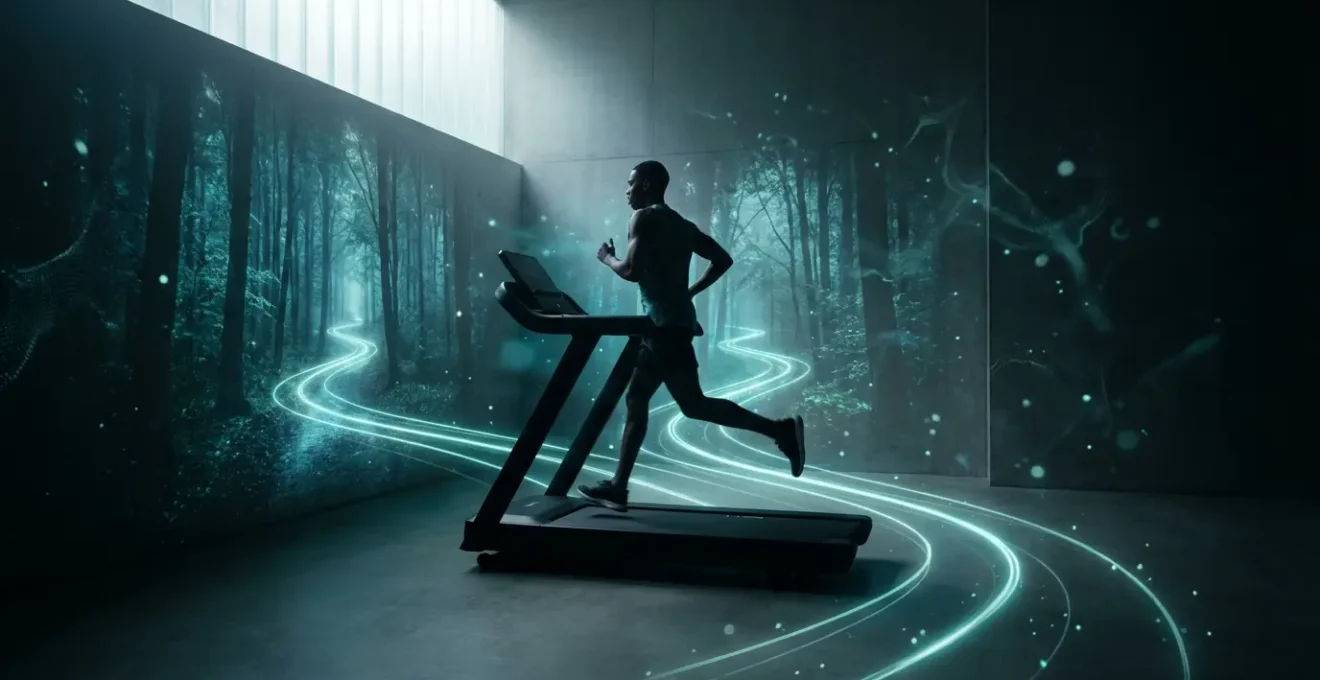 Athletic runner on treadmill surrounded by glowing forest trail visualization