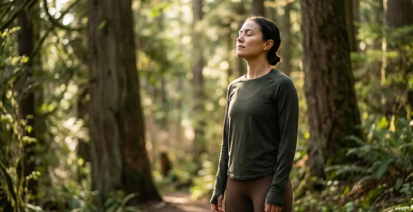 Trail runner in meditative pause on forest path surrounded by nature
