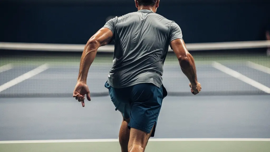 High angle minimalist view of tennis player shadow positioning for drop shot recovery with strategic court zones visible
