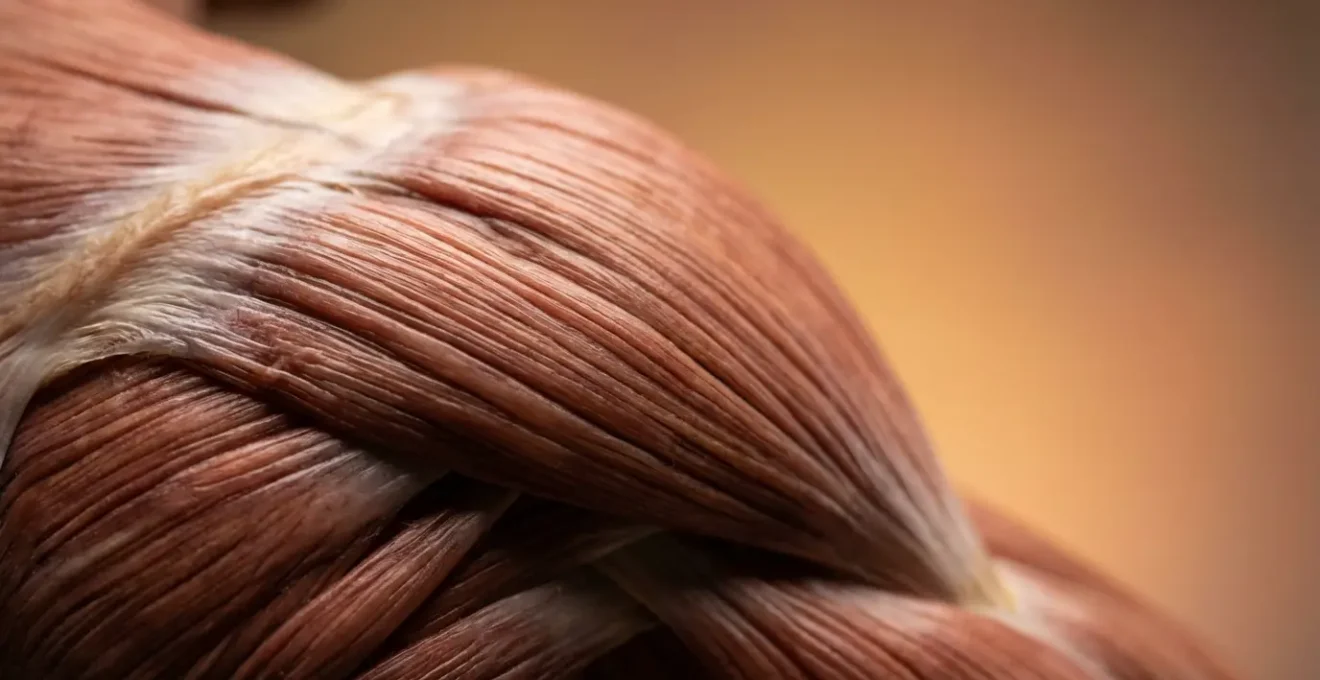 Close-up macro shot of shoulder muscle fibers and joint mechanics during a controlled movement