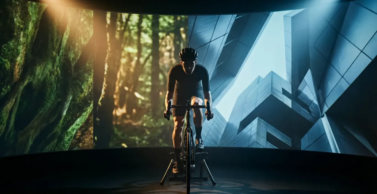 Cyclist experiencing contrasting natural forest and urban environments during indoor training