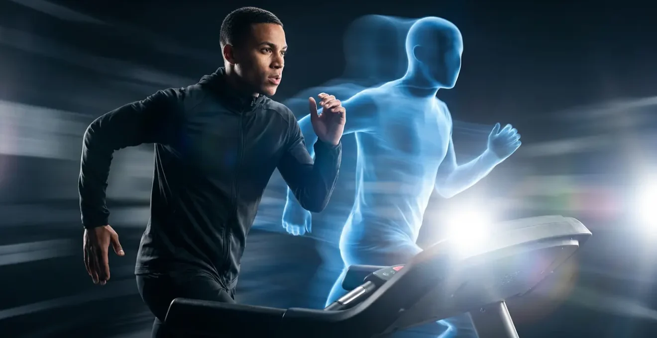 Runner on a treadmill with the translucent blue silhouette of a ghost runner overlaid, showing the pace difference between them.
