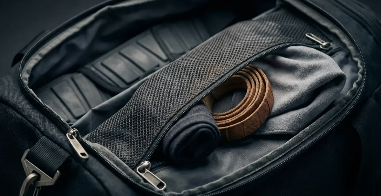 Extreme close-up of meticulously organized sports bag compartments showing emergency items.