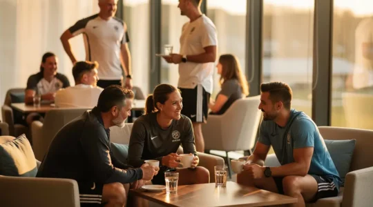 Diverse group of sports club members engaging in post-training social activities in a welcoming lounge area