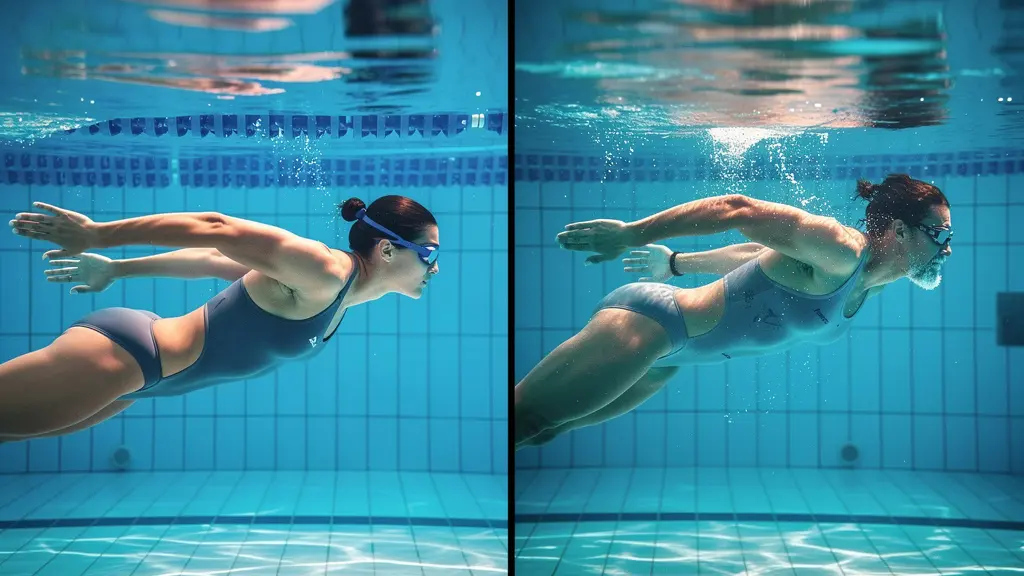 Side view of swimmer showing proper vs fatigued shoulder position in long pool