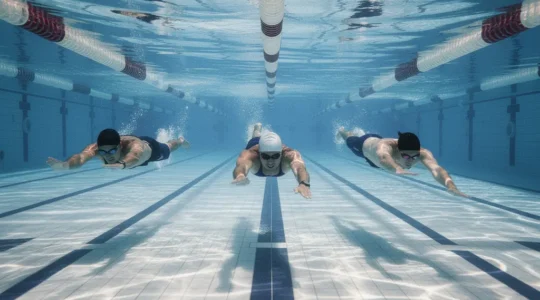 Professional swimmers training in a 50-meter pool focusing on stamina building techniques