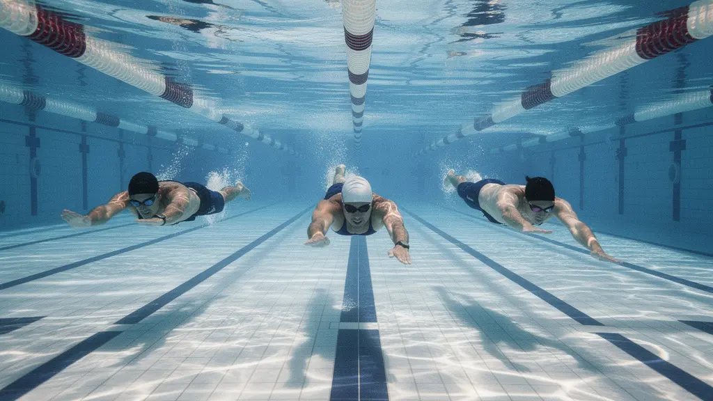 Professional swimmers training in a 50-meter pool focusing on stamina building techniques