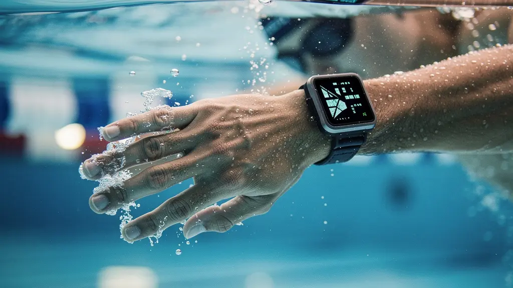 Close-up of swimmer's arm with waterproof tempo trainer maintaining consistent stroke rate
