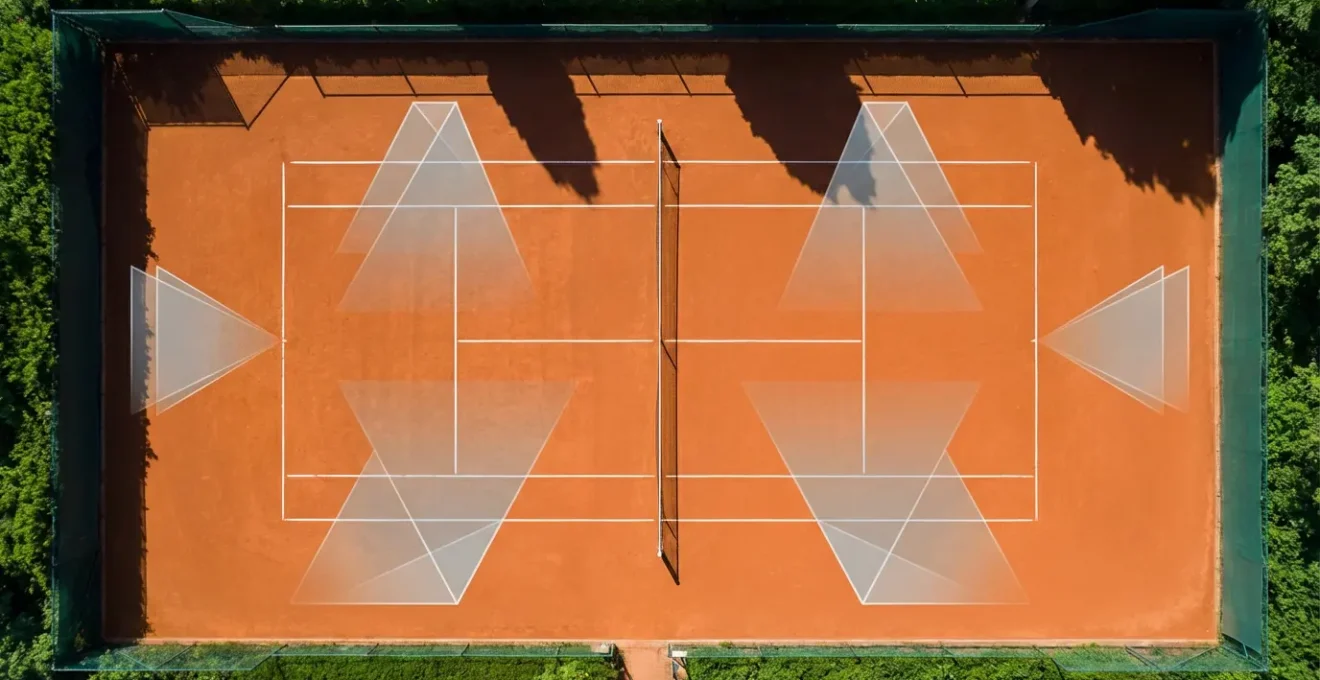 Overhead view of tennis court showing optimal camera placement angles for biomechanical analysis