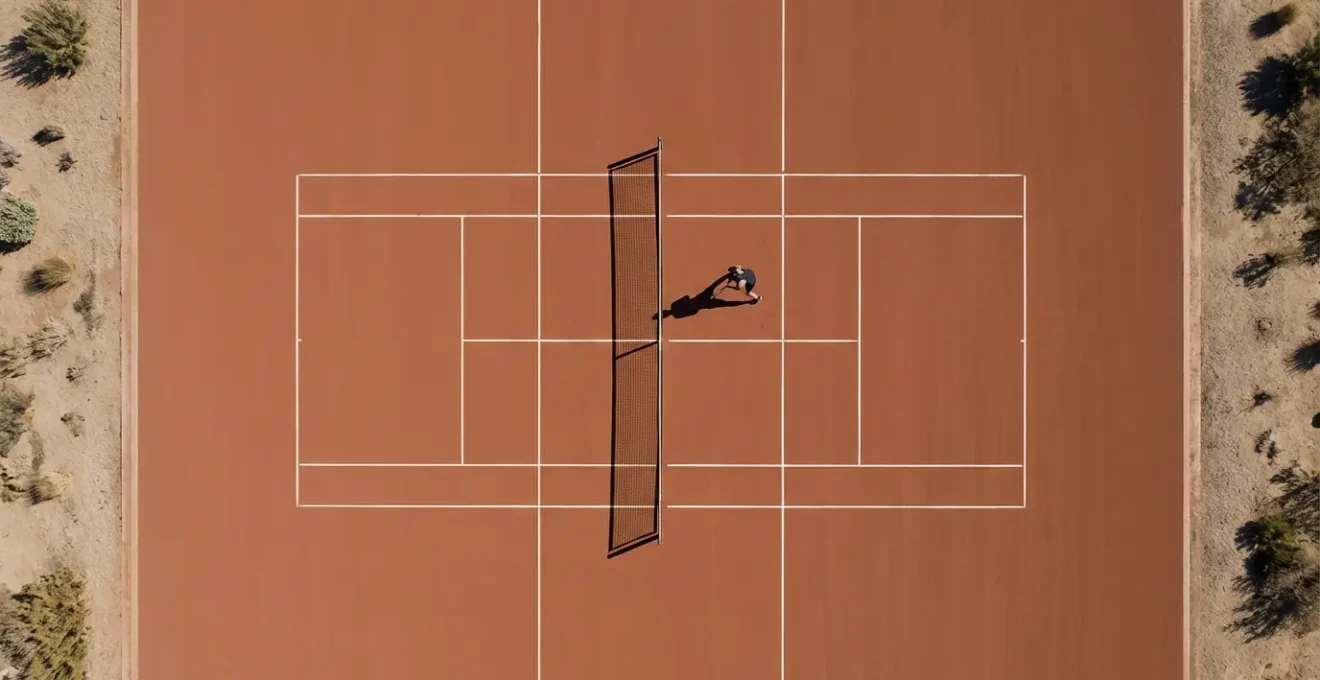 Aerial view of tennis court showing optimal positioning angles after executing a drop shot