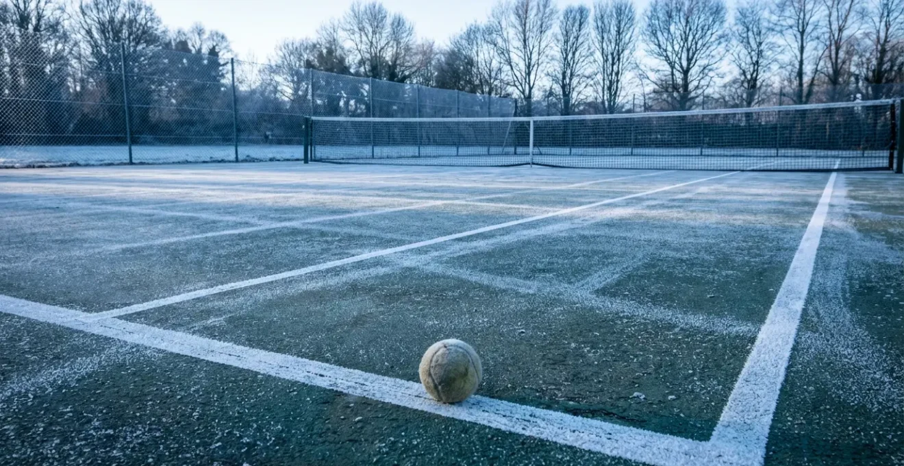 Tennis court in winter conditions showing environmental context for cold weather play