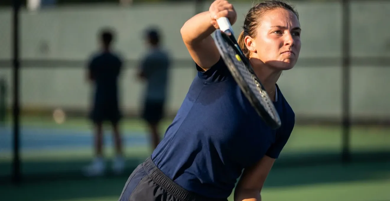 Tennis player serving under asymmetrical scoring pressure with a look of intense concentration.