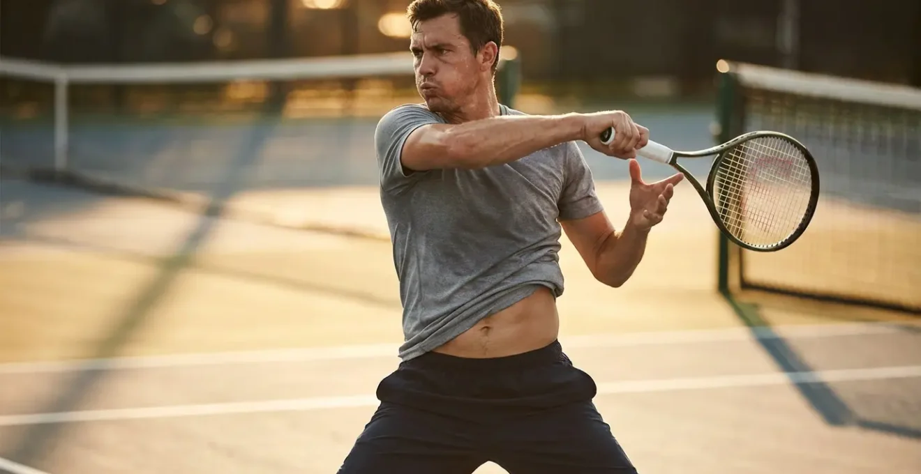 Tennis player demonstrating core stability during a powerful forehand stroke