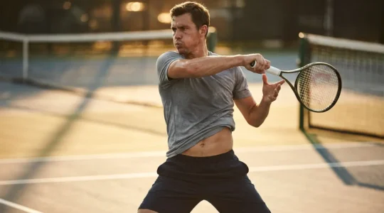 Tennis player demonstrating core stability during a powerful forehand stroke