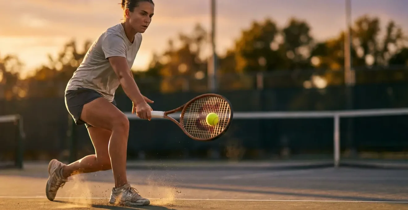 Tennis player performing precise drop shot technique on hard court with visible racket angle and body positioning