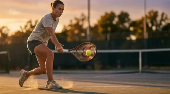 Tennis player performing precise drop shot technique on hard court with visible racket angle and body positioning