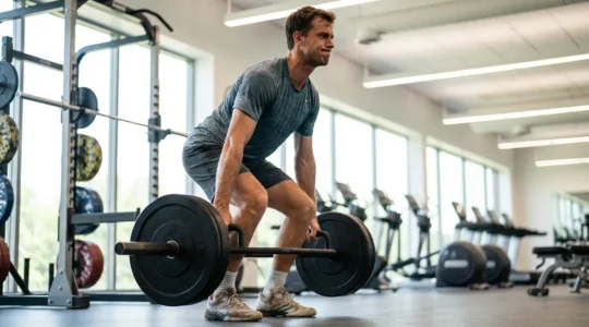 Tennis player performing focused strength training in gym with visible muscle engagement and athletic form
