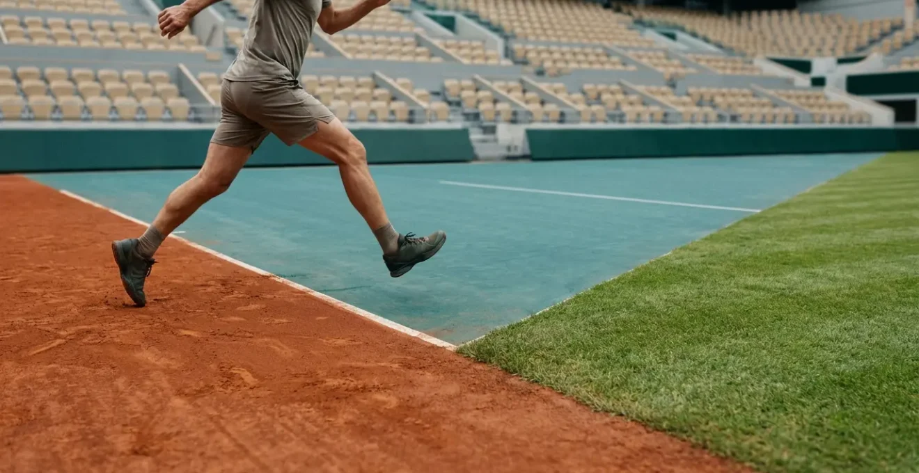 Professional tennis player transitioning between different court surfaces showcasing knee biomechanics