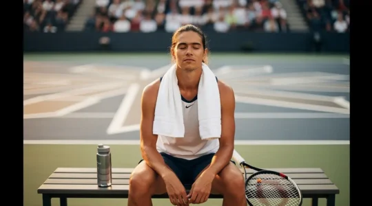 Tennis player in a contemplative moment between games showing determination and focus