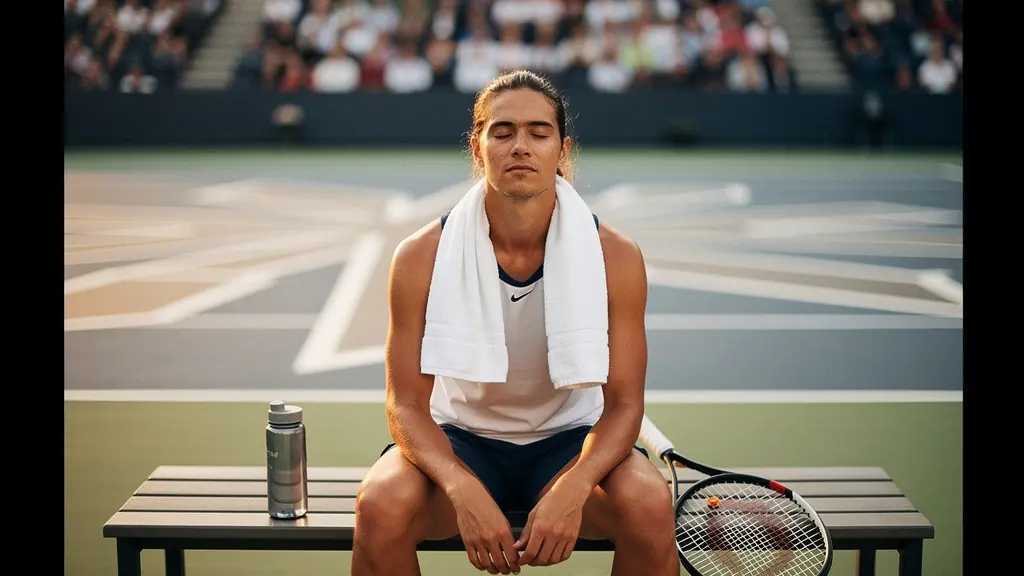 Tennis player in a contemplative moment between games showing determination and focus