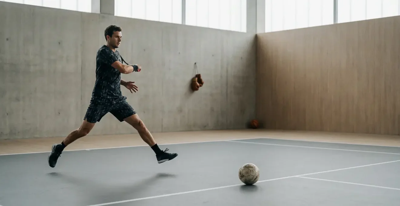 Tennis player demonstrating agility with multiple sports equipment in a training environment