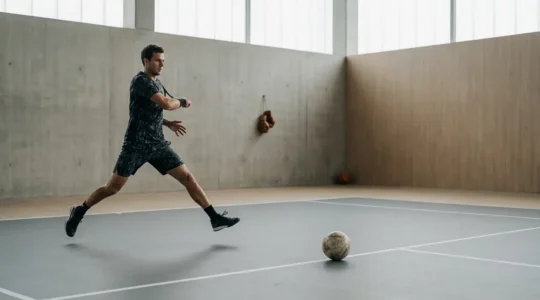 Tennis player demonstrating agility with multiple sports equipment in a training environment