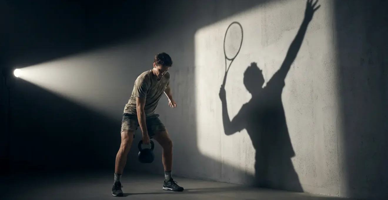 Tennis athlete executing perfect kettlebell swing form during functional training session