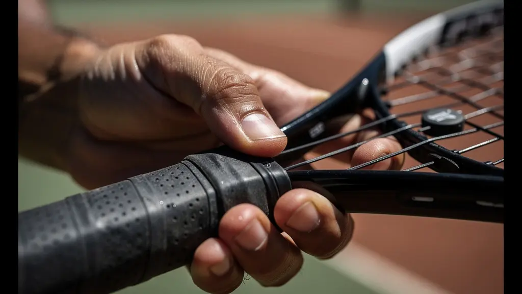 Close-up of tennis player's hands adjusting racket strings in focused ritual