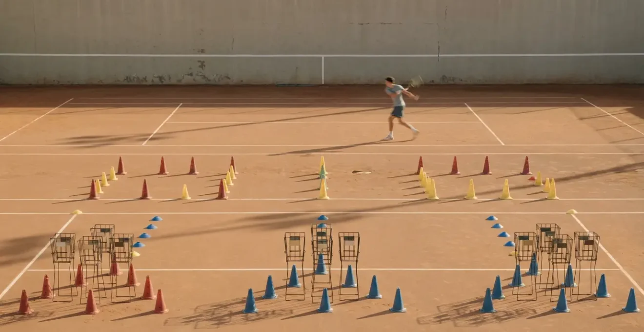 Strategic tennis practice zone with training equipment and court markings