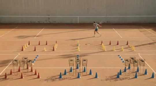 Strategic tennis practice zone with training equipment and court markings