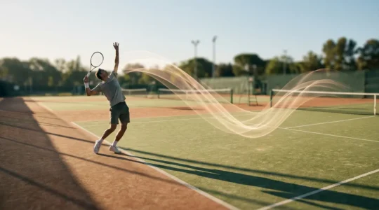 Professional tennis serve biomechanics analysis with split-screen high-speed camera footage comparison